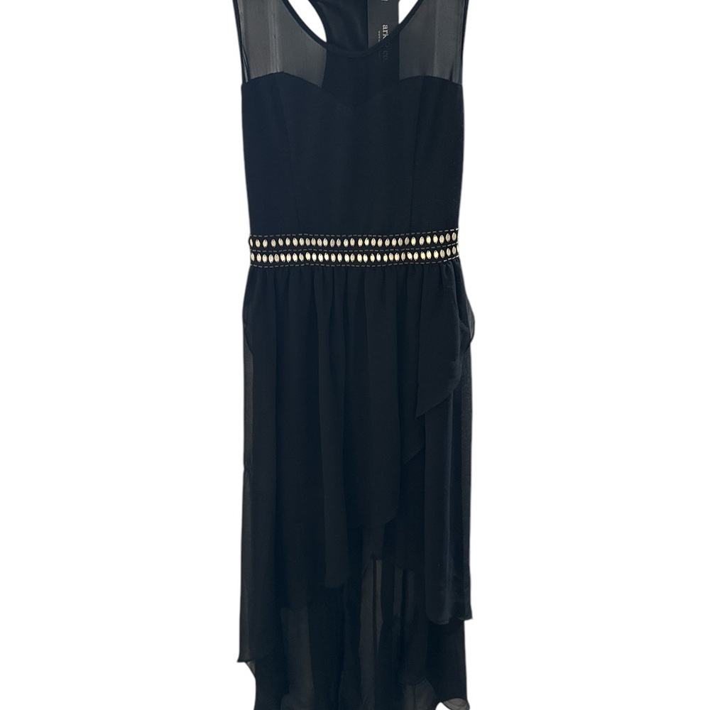 Ark & Company Tulle Layered High Low Dress Black with Gold Beaded Waist NWT - M